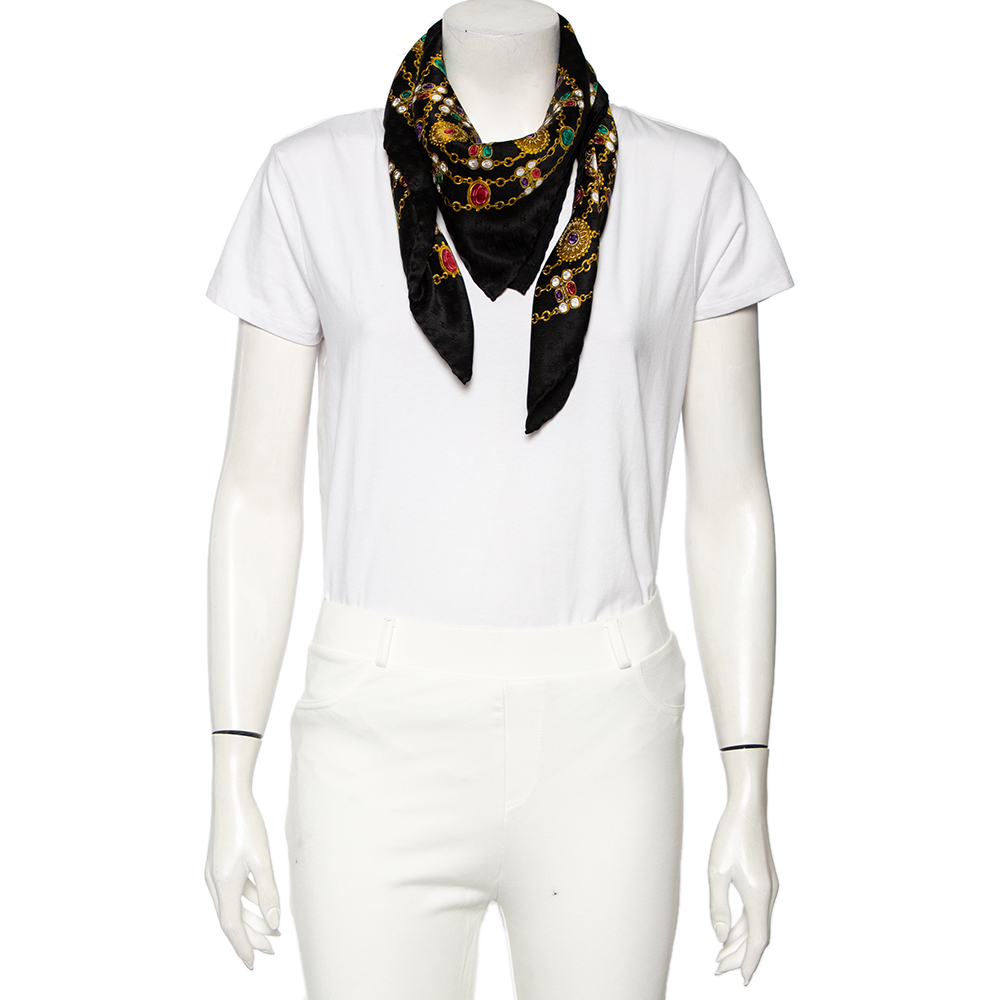 

Chanel Vintage Black Gripoix Jewel Print Silk Scarf