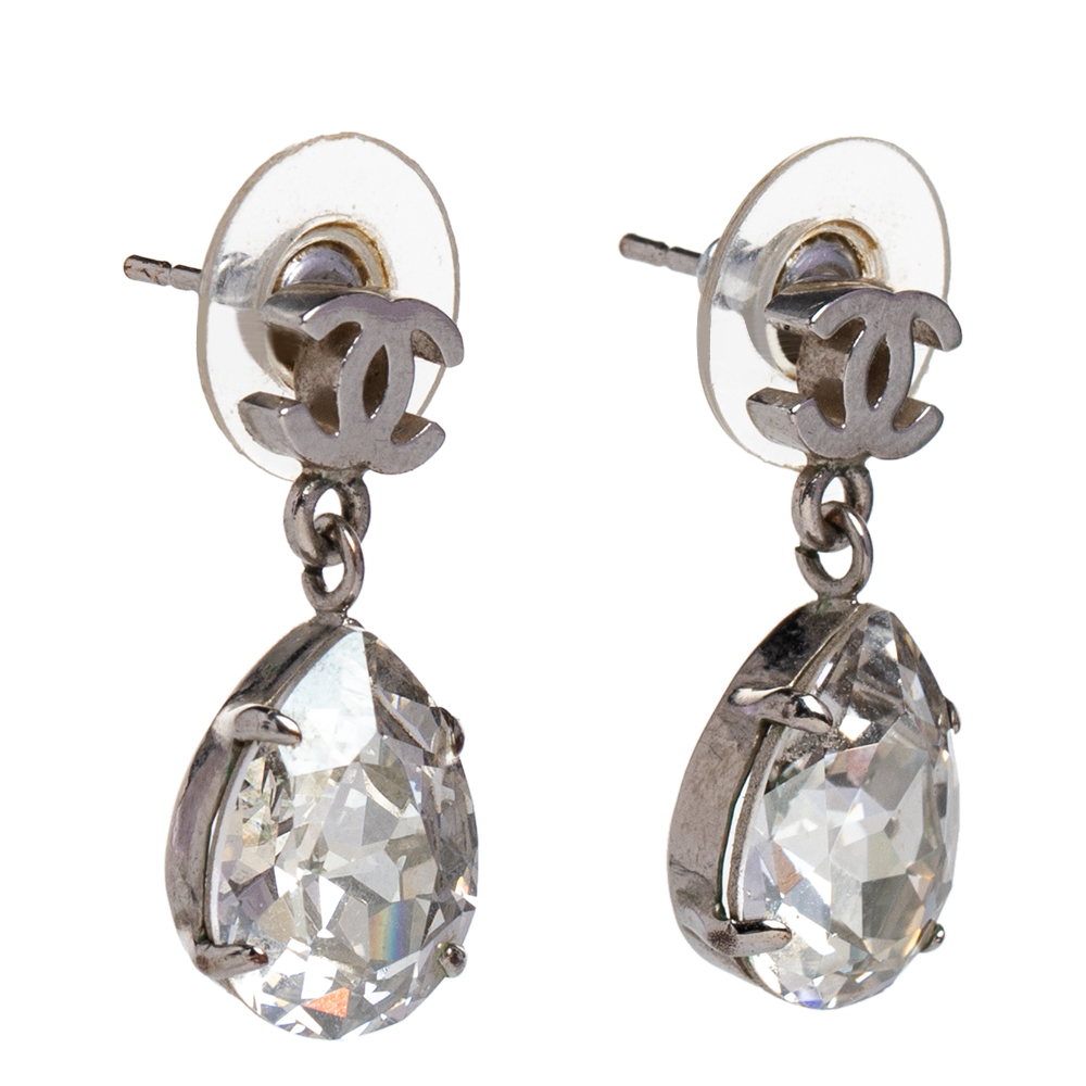 

Chanel Silver Tone CC Crystal Teardrop Earrings