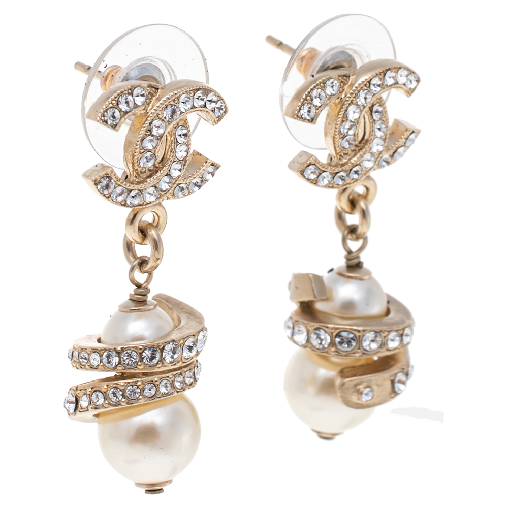 

Chanel Gold Tone Crystal CC Pearl Drop Earrings