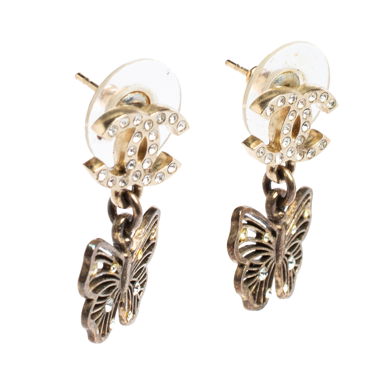 

Chanel CC Butterfly Crystal Gold Tone Drop Earrings