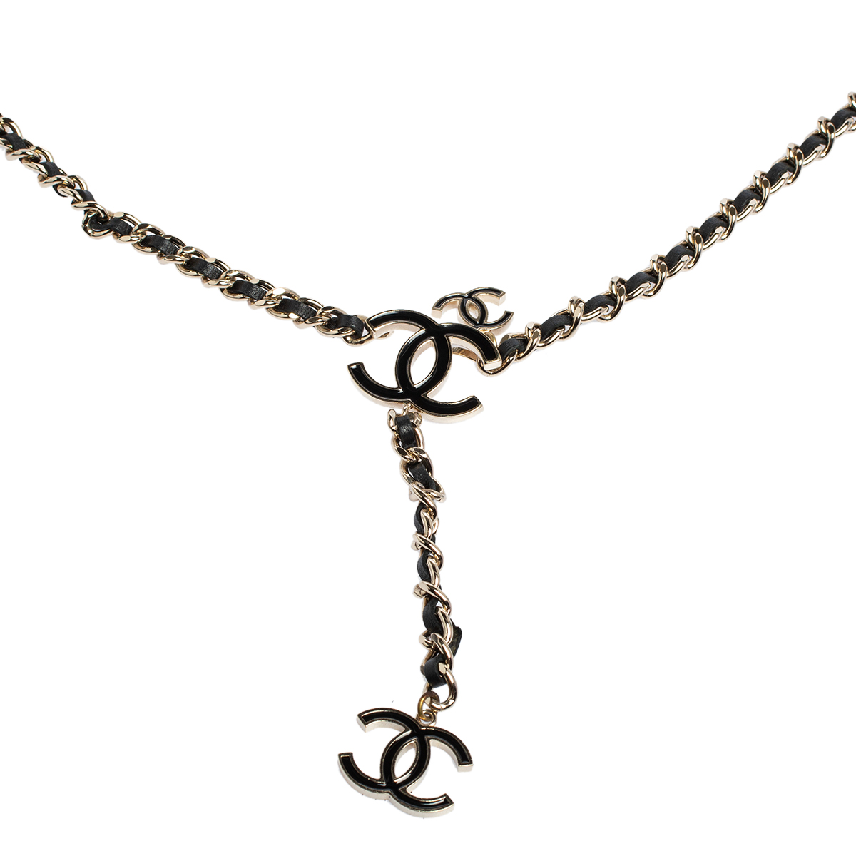 

Chanel Black Leather CC Charm Gold Tone Chain Belt