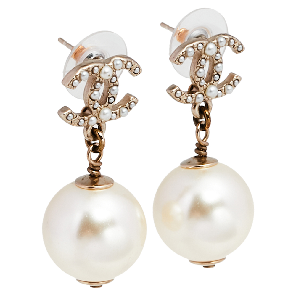 

Chanel Pale Gold Tone CC Faux Peal Drop Earrings