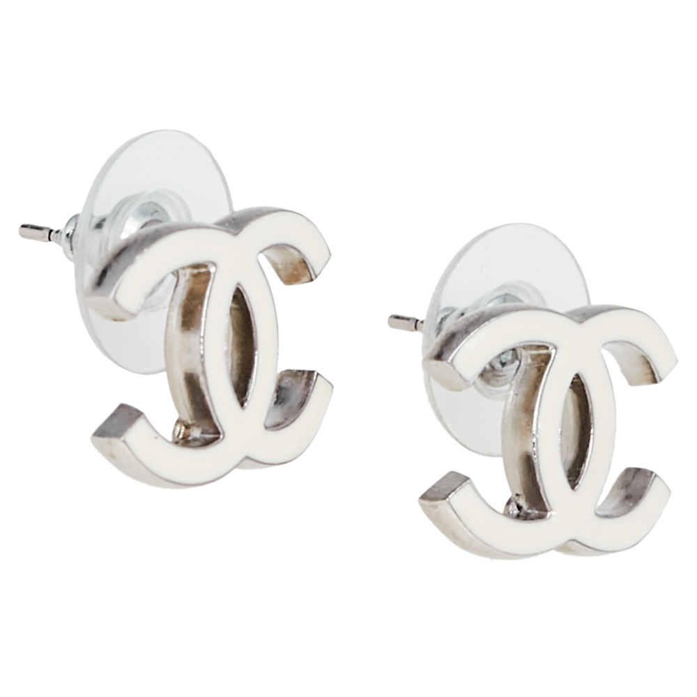 

Chanel White Enamel Silver Tone CC Stud Earrings