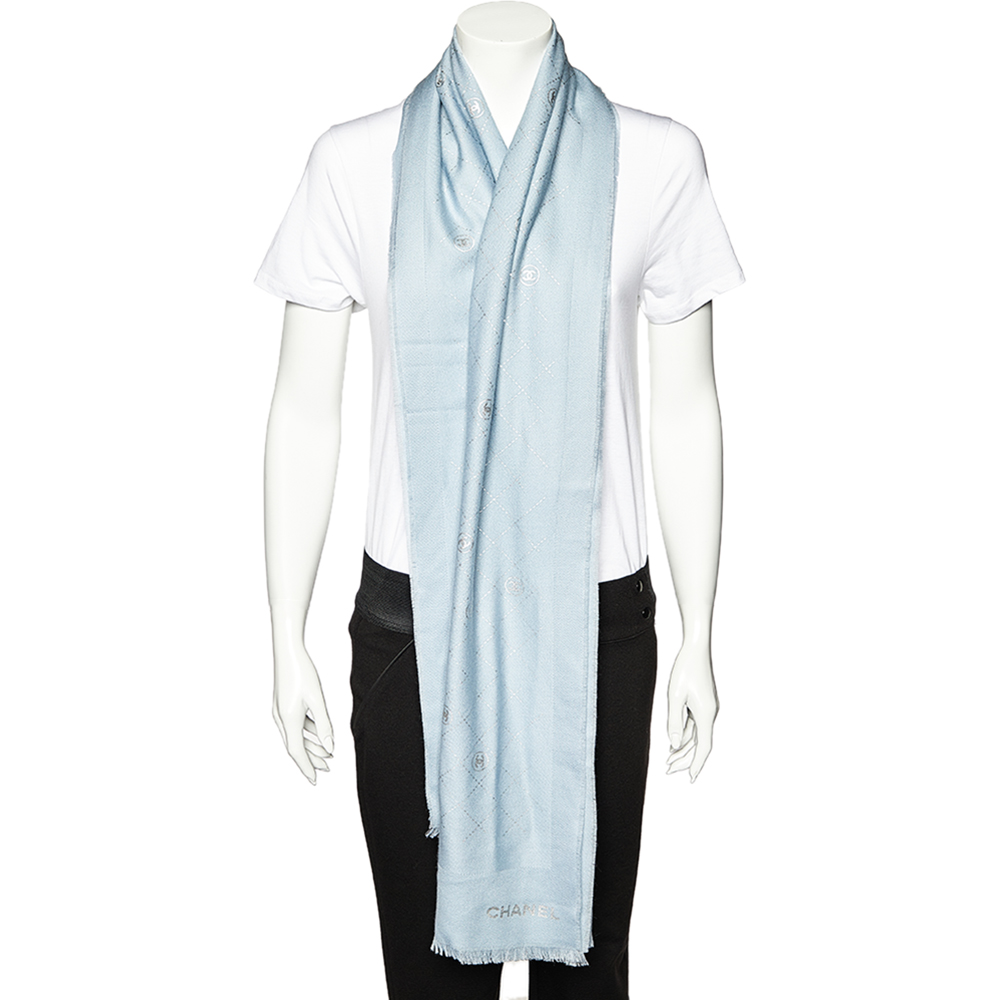 

Chanel Light Blue Logo Printed Wool Scarf