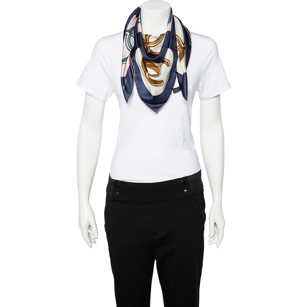 

Chanel Navy Blue Logo Circle Printed Silk Square Scarf