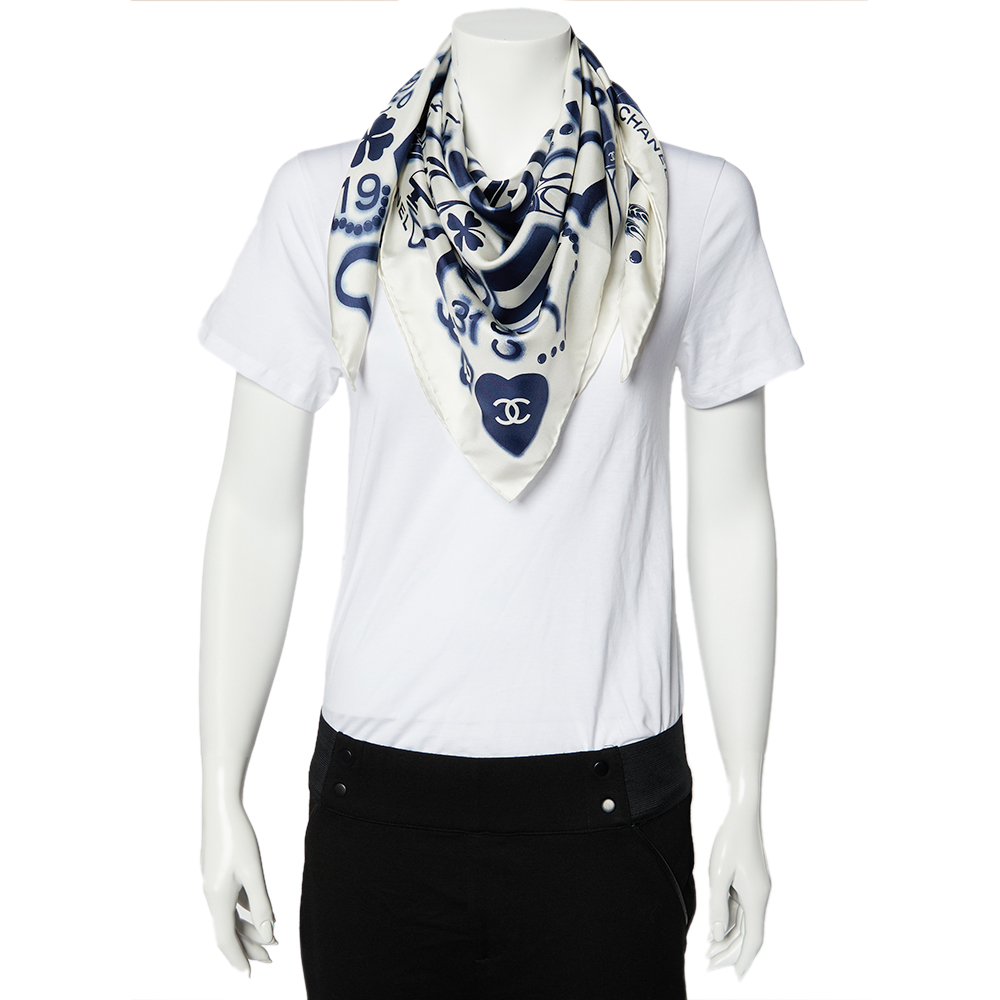 

Chanel White & Navy Blue Logo Motifs Printed Silk Square Scarf