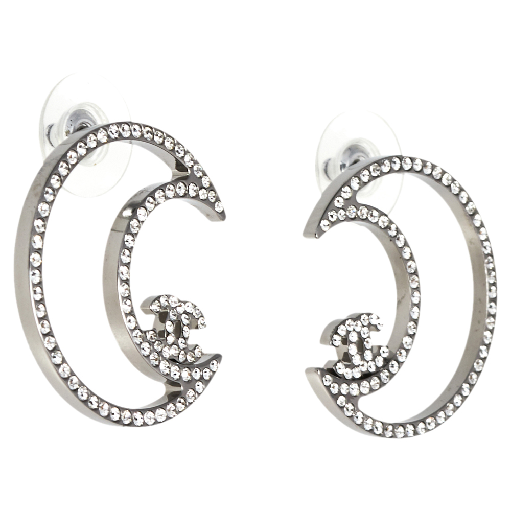 

Chanel CC Crystal Gunmetal Tone Crescent Moon Drop Earrings, Black