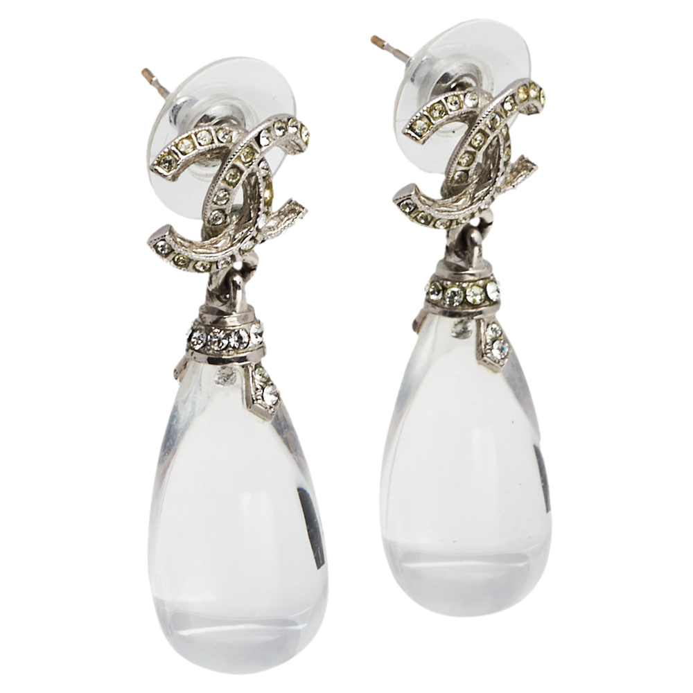 

Chanel CC Crystal Silver Tone Drop Earrings