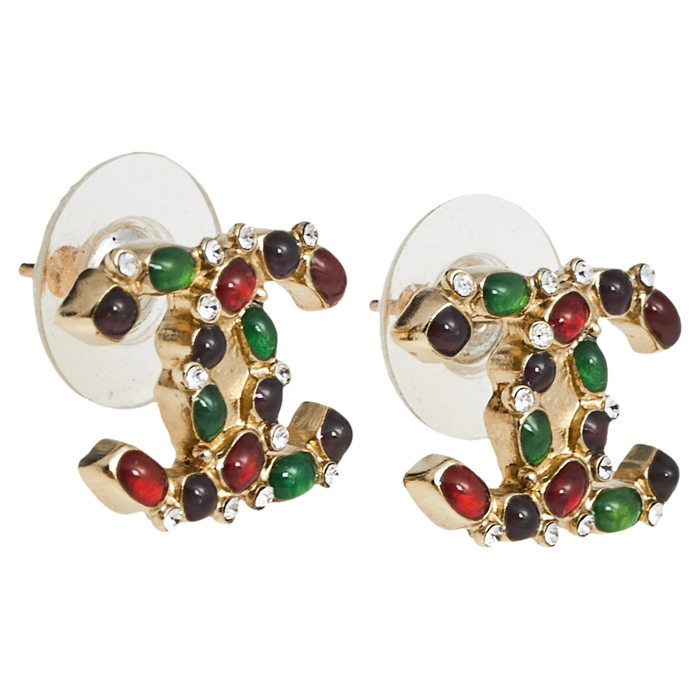 

Chanel CC Crystal and Gripoix Gold Tone Stud Earrings, Multicolor