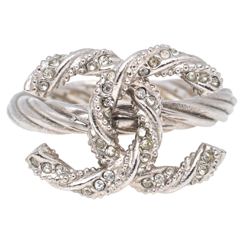 

Chanel Pale Silver Tone Crystal Twist CC Ring