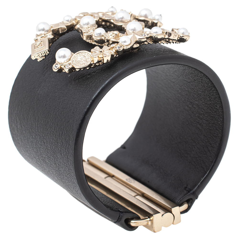 

Chanel Black Leather Pale Gold Tone Embellished Logo Cuff Bracelet