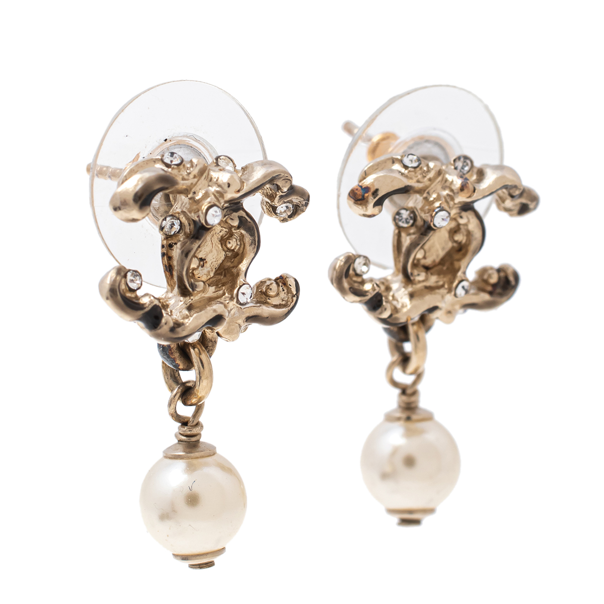 

Chanel CC Crystal Faux Pearl Gold Tone Drop Earrings