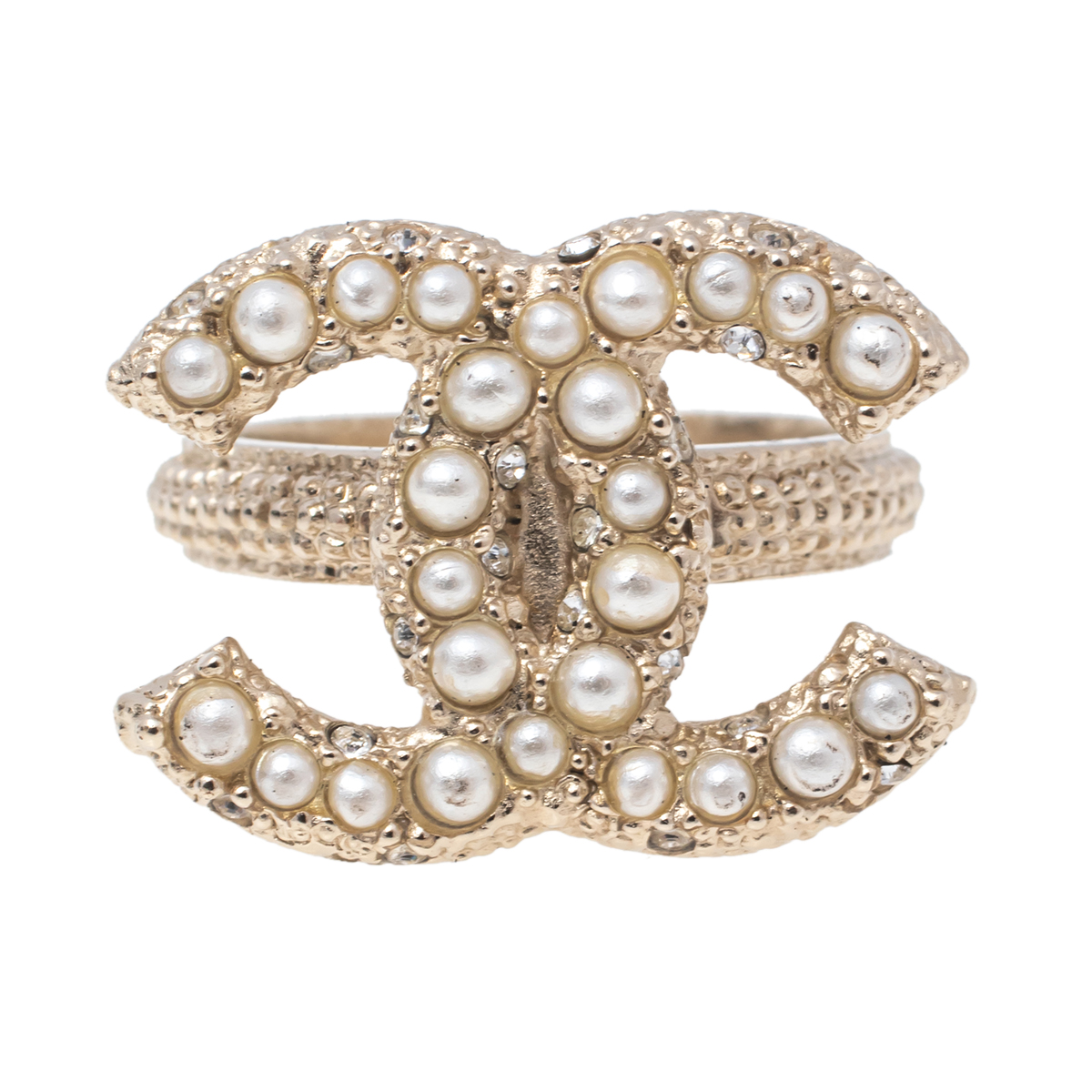 

Chanel CC Faux Pearl Crystal Pale Gold Tone Ring Size