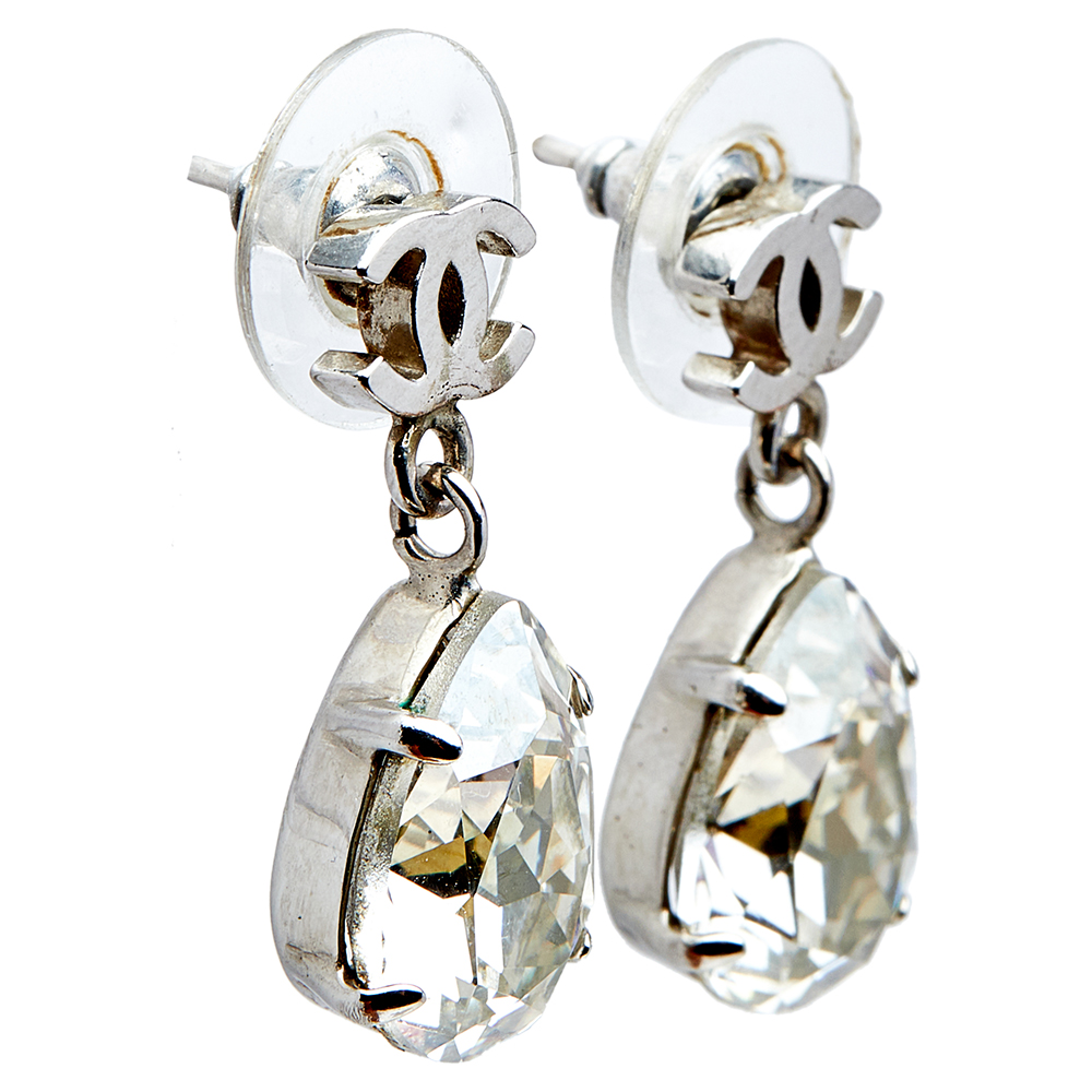 

Chanel Silver Tone Crystal CC Tear Drop Earrings