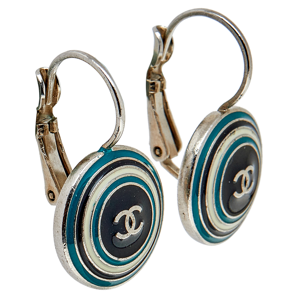 

Chanel Silver Tone Enamel CC Drop Earrings