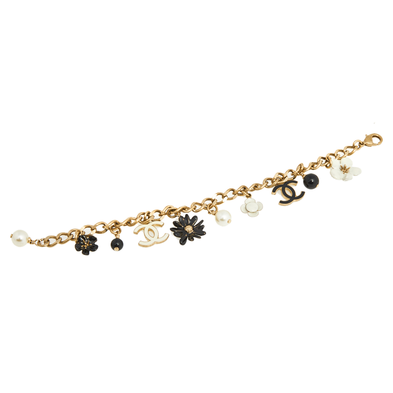 

Chanel Gold Tone Enamel Daisy & Faux Pearl Charm Bracelet