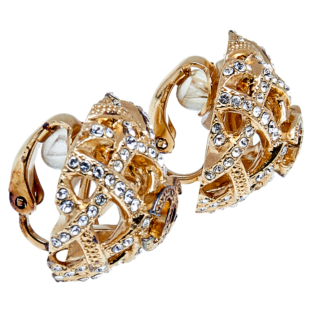 

Chanel Gold Tone Crystal CC Dome Clip-On Earrings