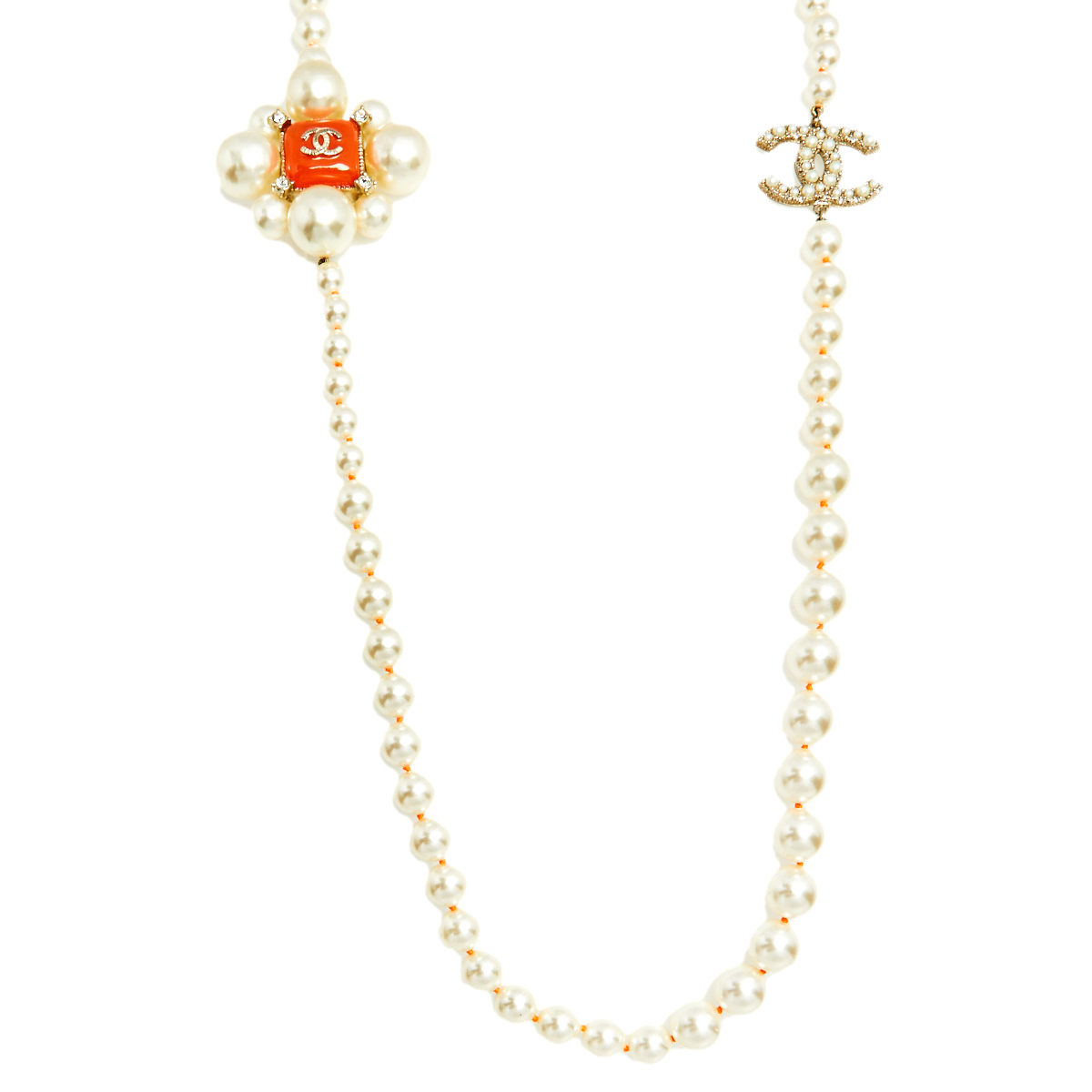 

Chanel Faux Pearl Orange Gripoix CC Charm Long Necklace