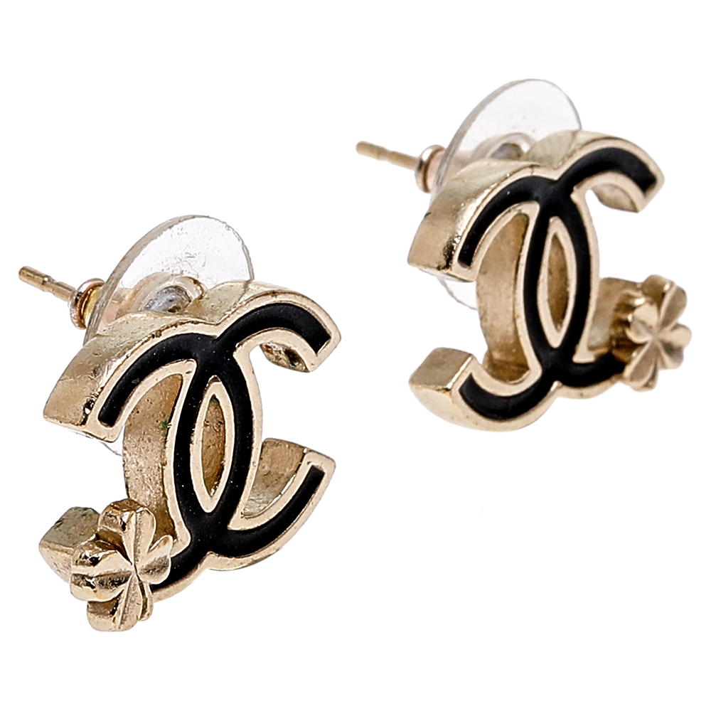 

Chanel Gold Tone Enamel CC Clover Stud Earrings, Black