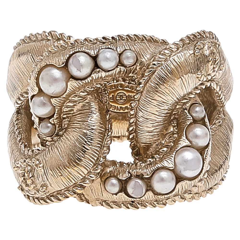 

Chanel Pale Gold Tone faux Pearl Cocktail Ring Size