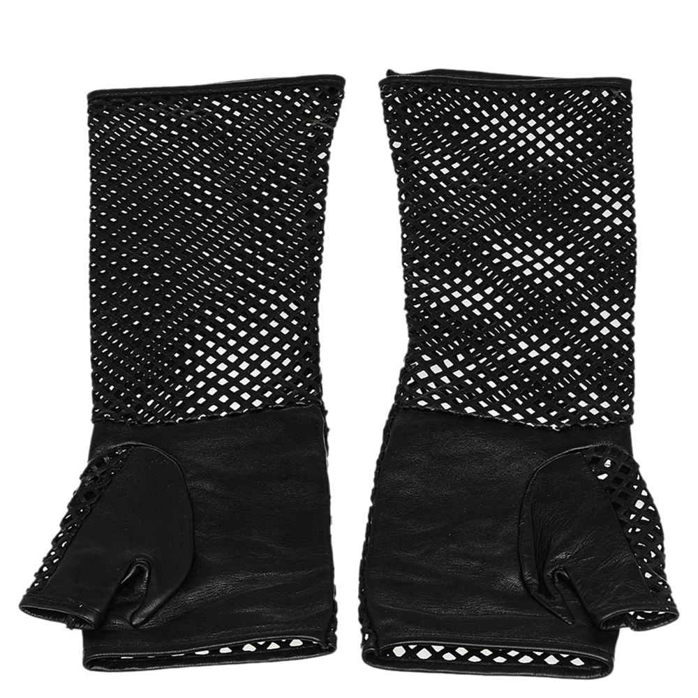 

Chanel Black Leather Mesh Fingerless Gloves Size