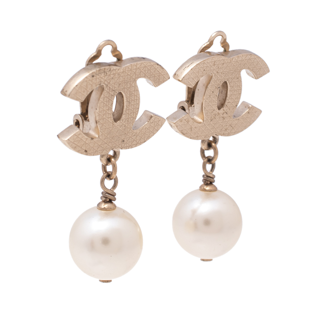 

Chanel CC Faux Pearl Pale Gold Clip On Earrings