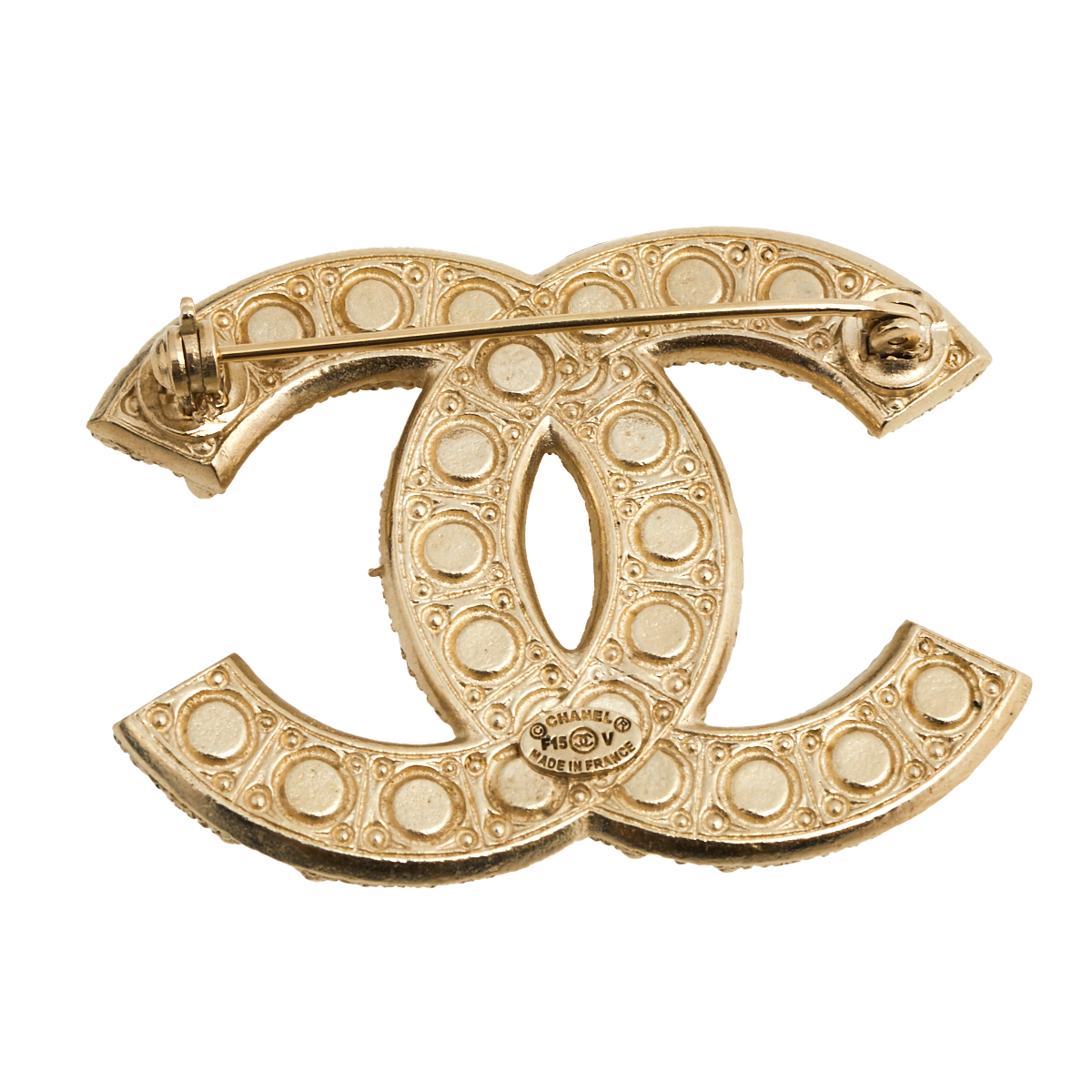 

Chanel Gold Tone Faux Pearl CC Pin Brooch