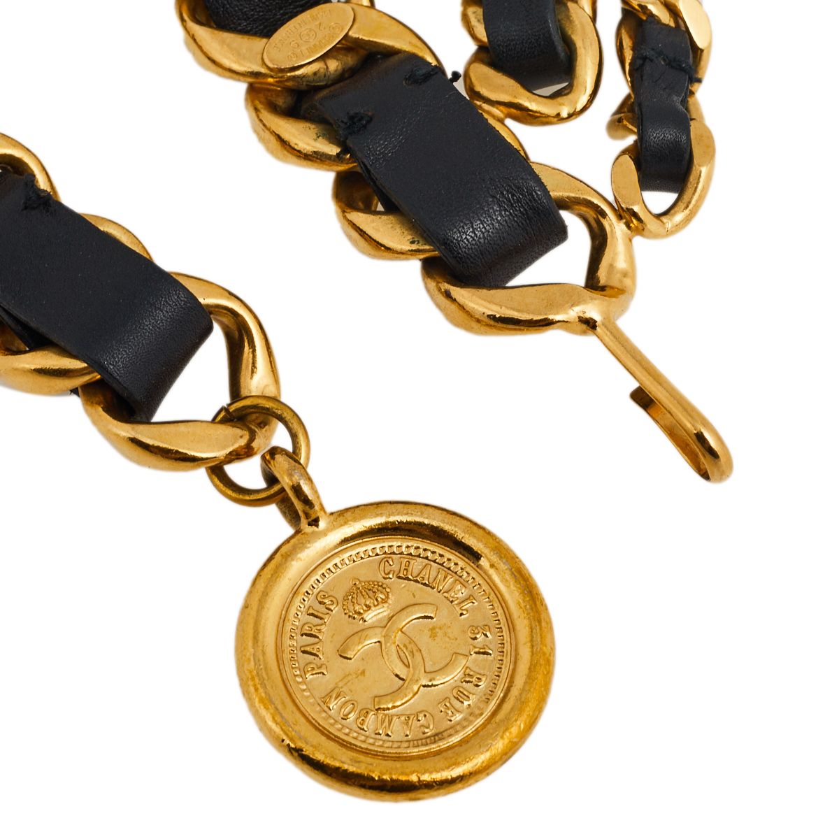 

Chanel Vintage Black Leather Rue Cambon Medallion Chain Belt