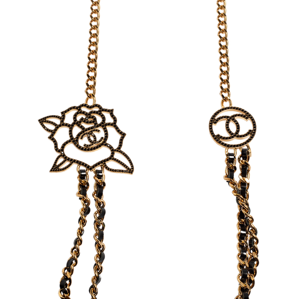 

Chanel Black Leather CC & Camelia Charm Long Necklace