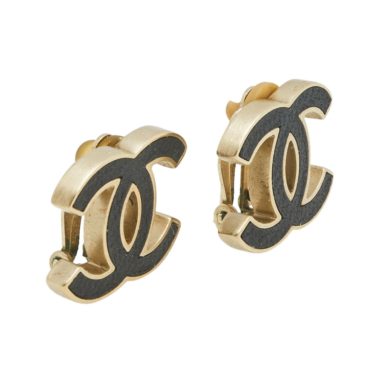 

Chanel Black Leather Gold Tone CC Stud Clip On Earrings