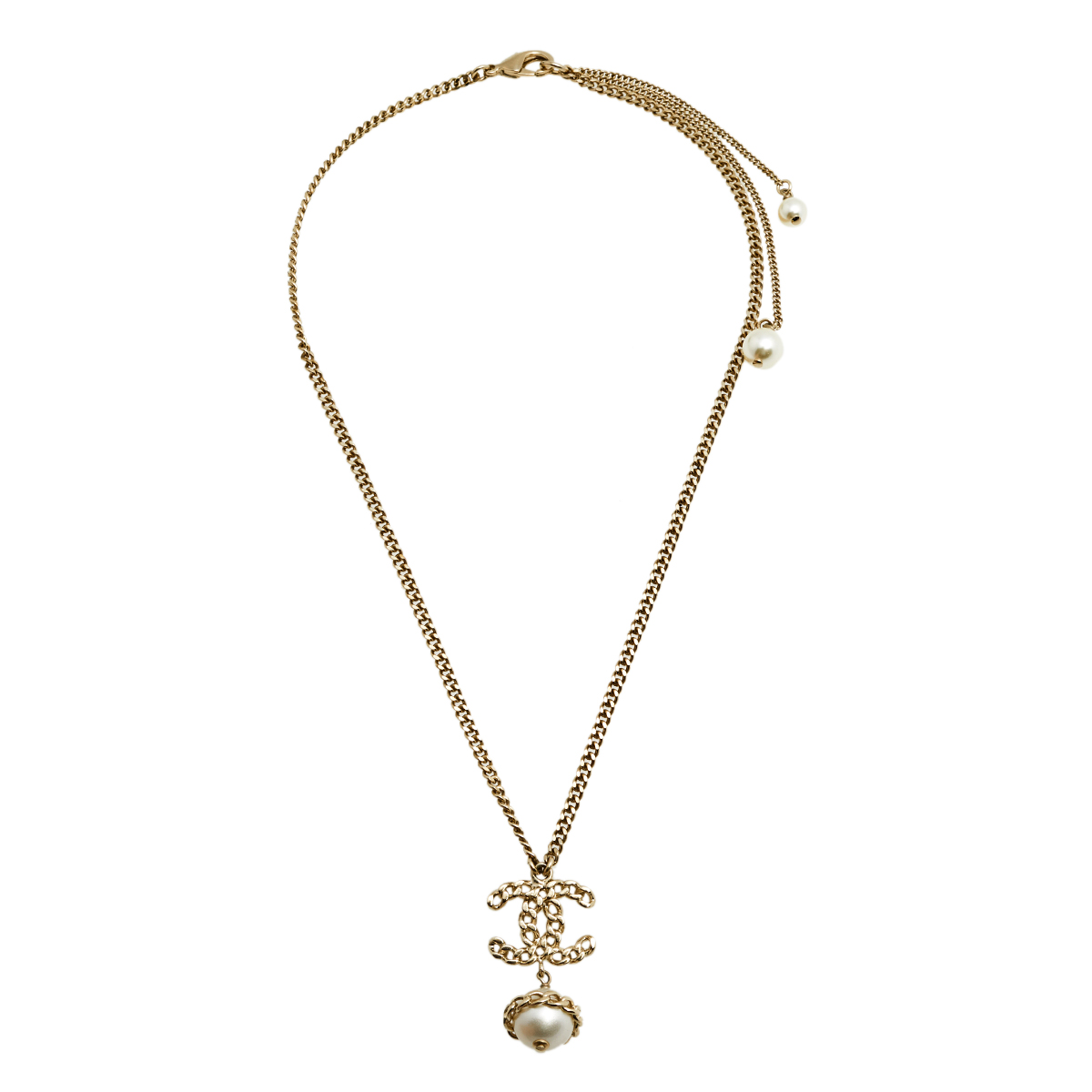 

Chanel Gold Tone Chain Link CC Pearl Drop Necklace