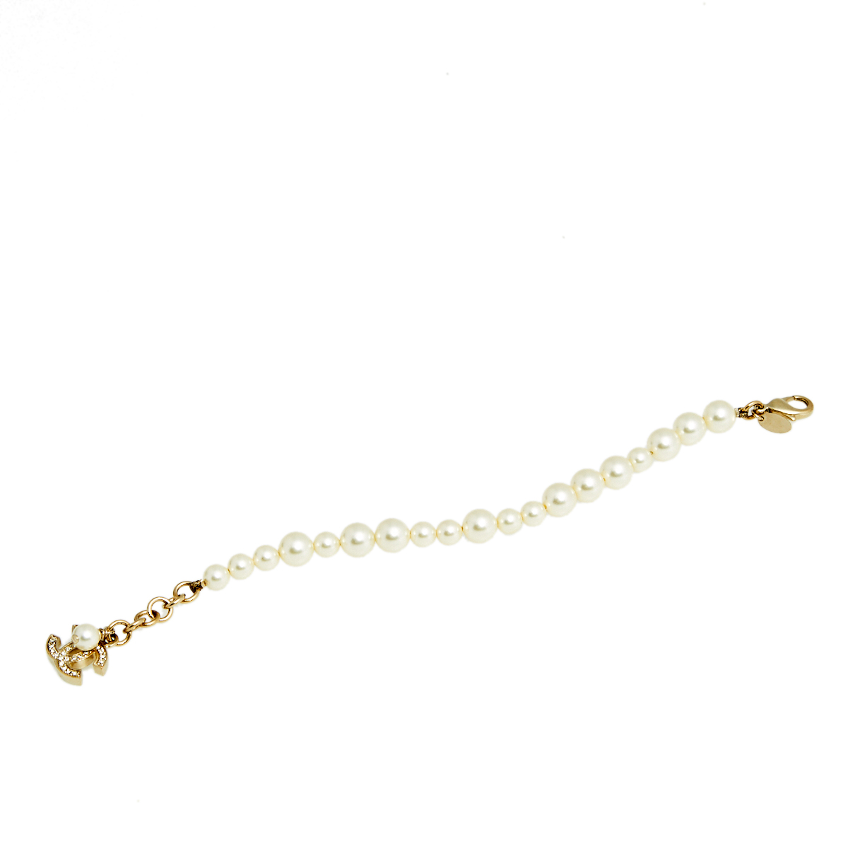 

Chanel Faux Pearl & Gold Tone CC Crystal Charm Bracelet, White