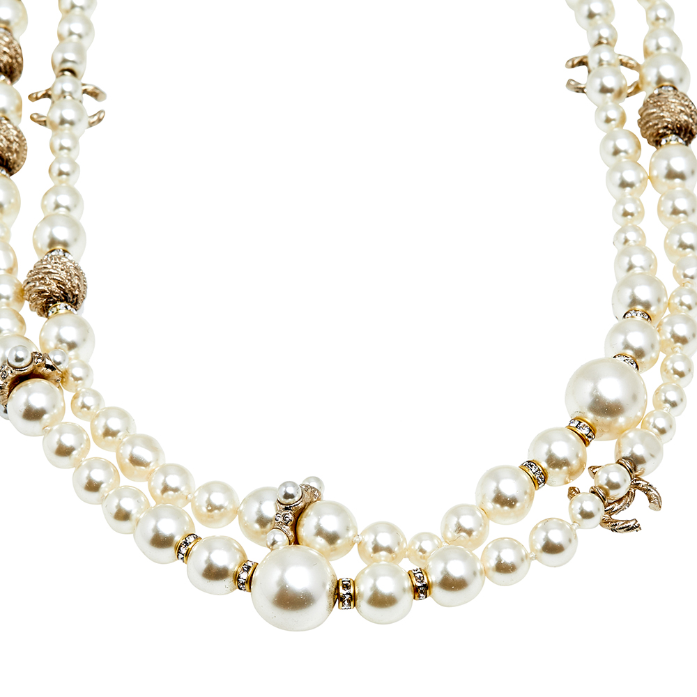 

Chanel Pearl Gold Tone Beaded CC Charm Necklace