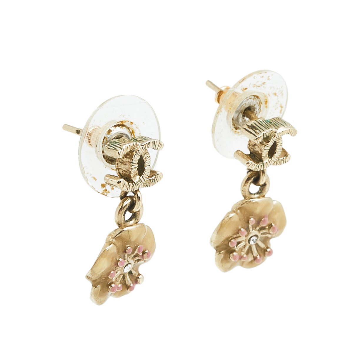 

Chanel Gold Tone Enamel Camellia Drop Earrings