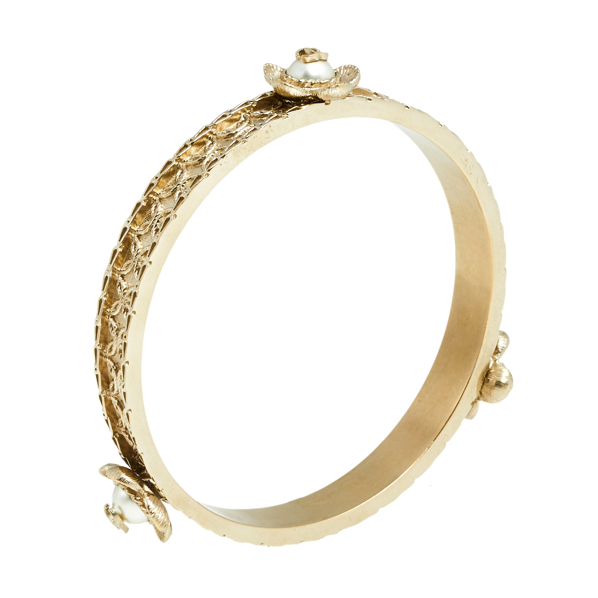 

Chanel Gold Tone Faux Pearl Floral Bangle