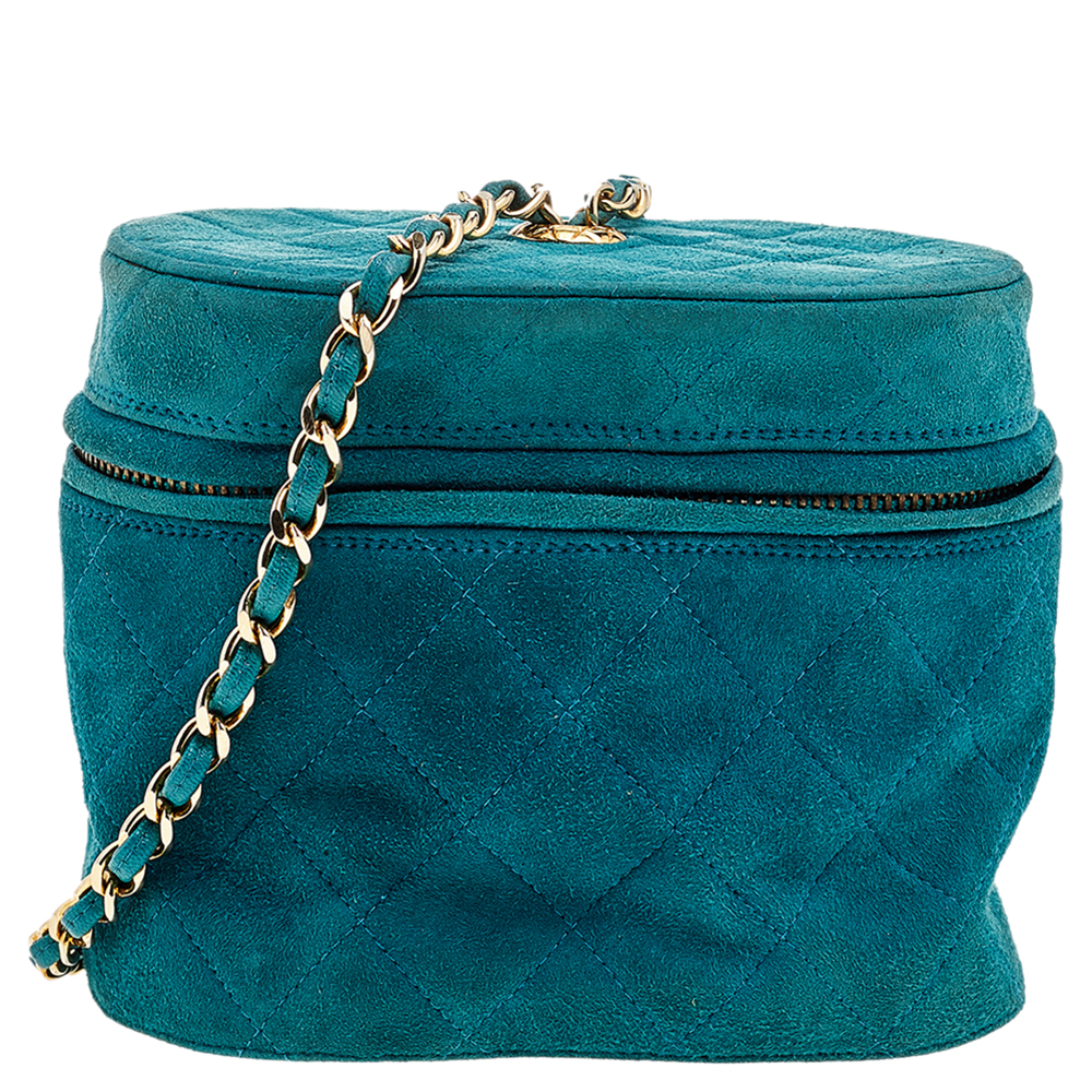 Pre Owned Chanel Green Quilted Suede Mini Vanity Tassel Chain Bag