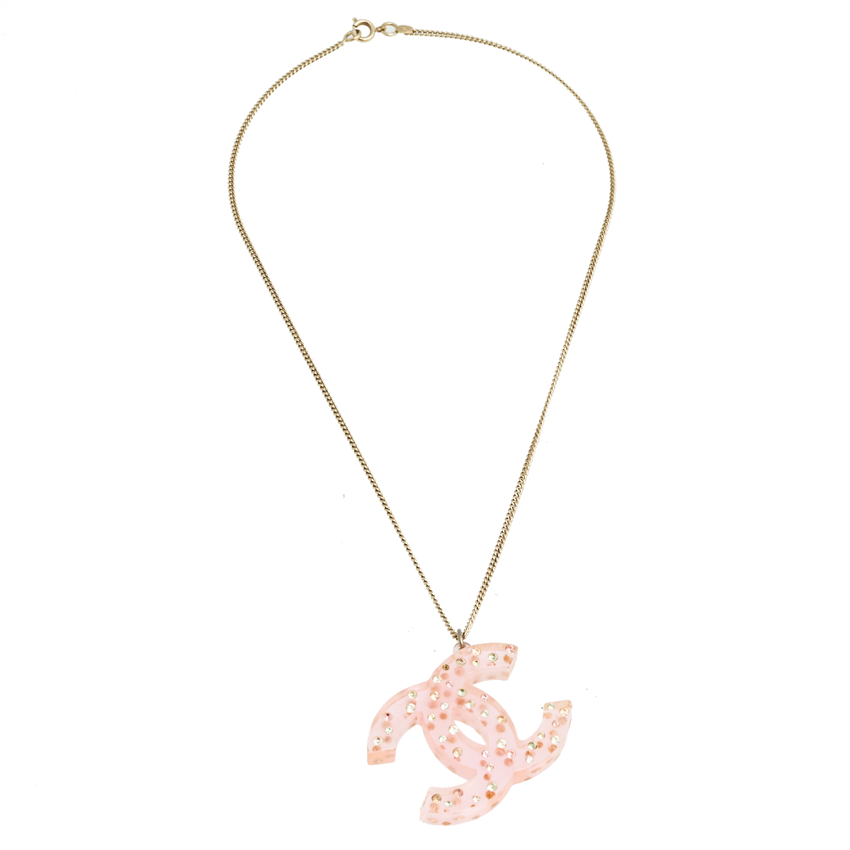 

Chanel Pink Resin Crystal CC Pendant Necklace
