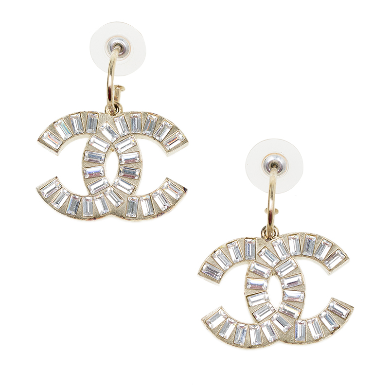 

Chanel CC Baguette Crystal Gold Tone Earrings, White