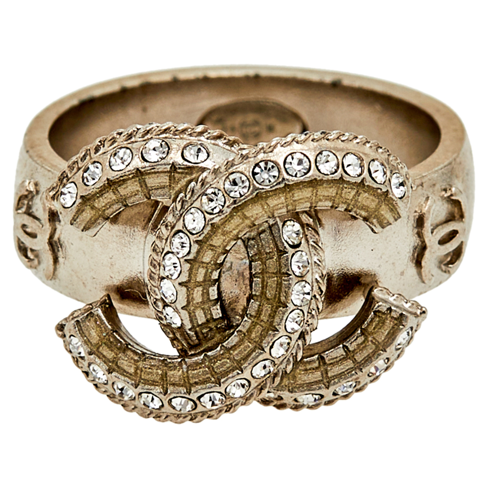 

Chanel Silver Tone Crystal CC Ring Size EU 52