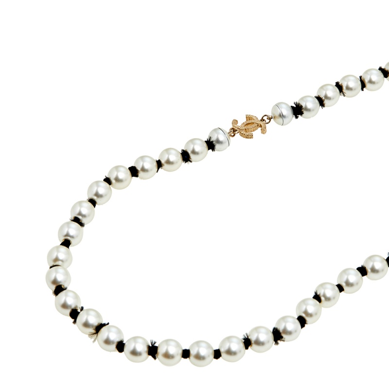 

Chanel Gold Tone Grey Faux Pearl Long Necklace