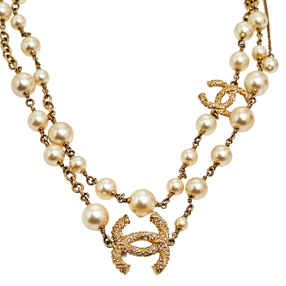 

Chanel Gold Tone Graduated Pearl CC Charm Double Layer Necklace