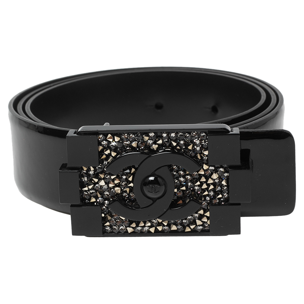 

Chanel Black Patent Leather CC Resin Crystal Buckle Belt