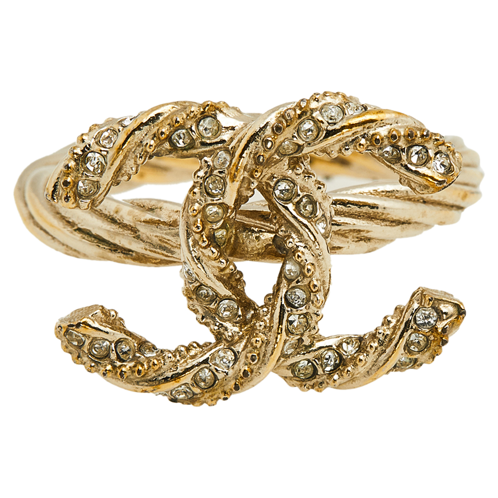 

Chanel Pale Gold Tone Crystal Twist CC Ring Size EU 52