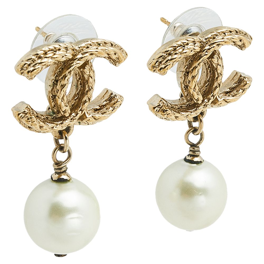 

Chanel Gold Tone CC Pearl Drop Earrings