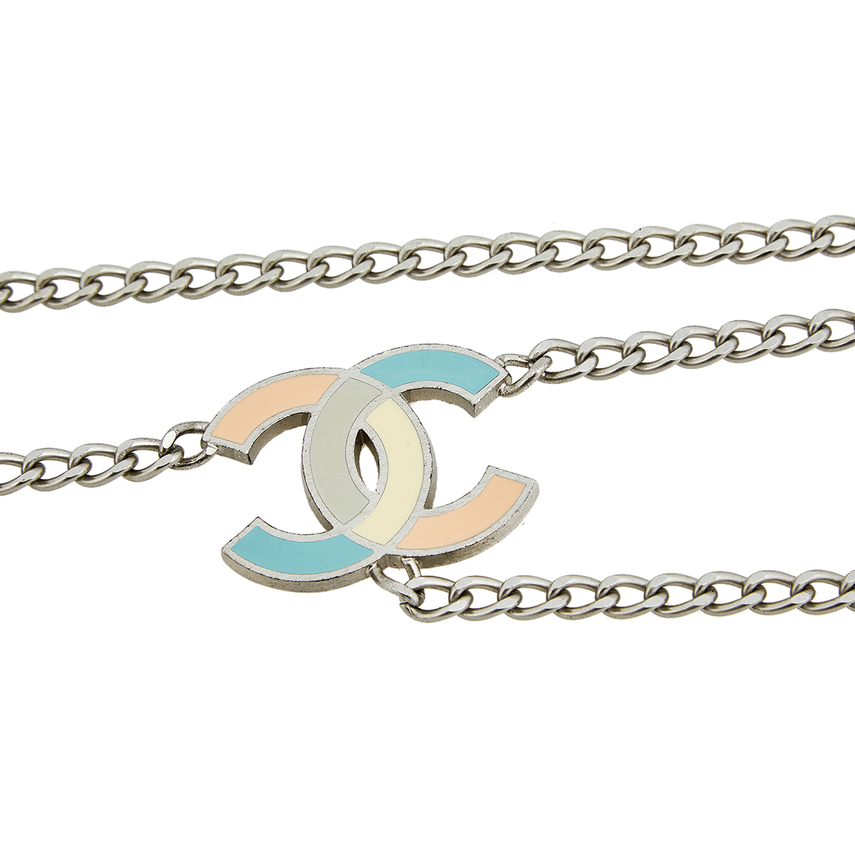 

Chanel Silver Tone Multicolor Enamel CC Charm Chain Belt