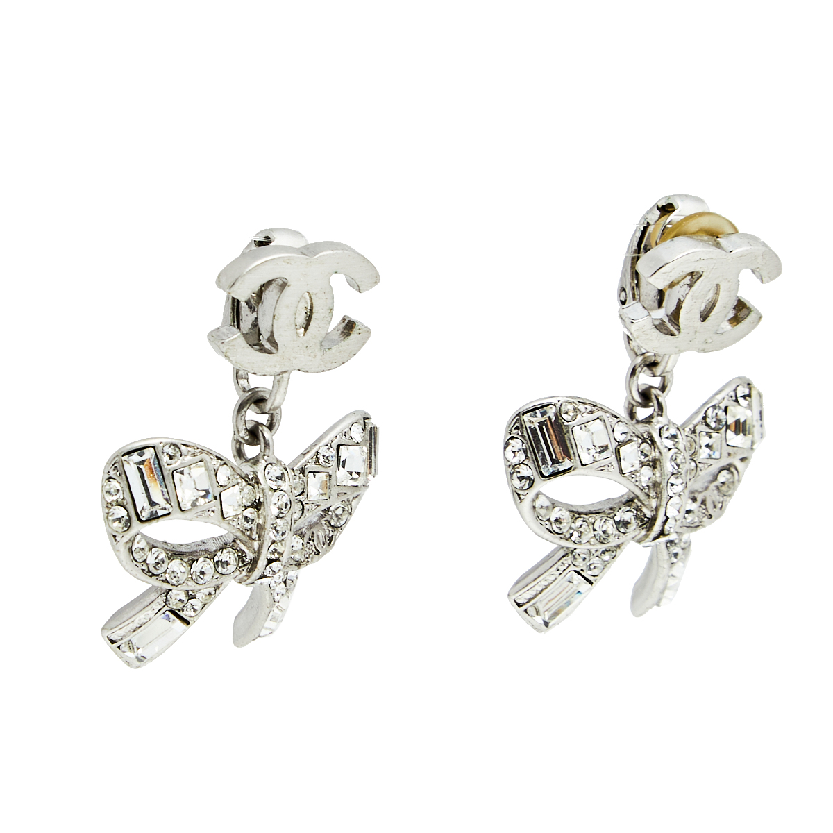 

Chanel CC Crystal Bow Silver Tone Drop Earrings