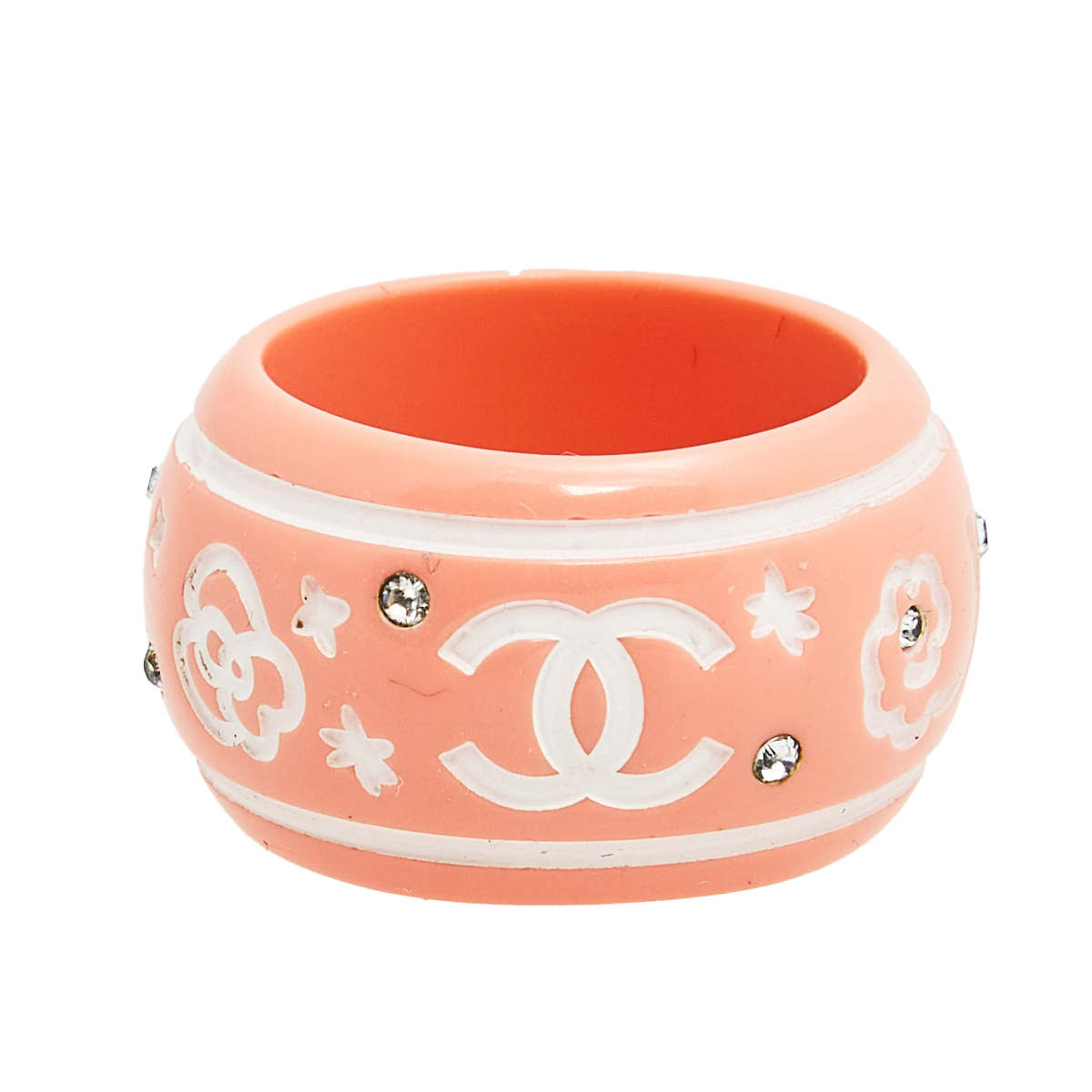 

Chanel Pink White CC Crystal Embellished Resin Ring Size
