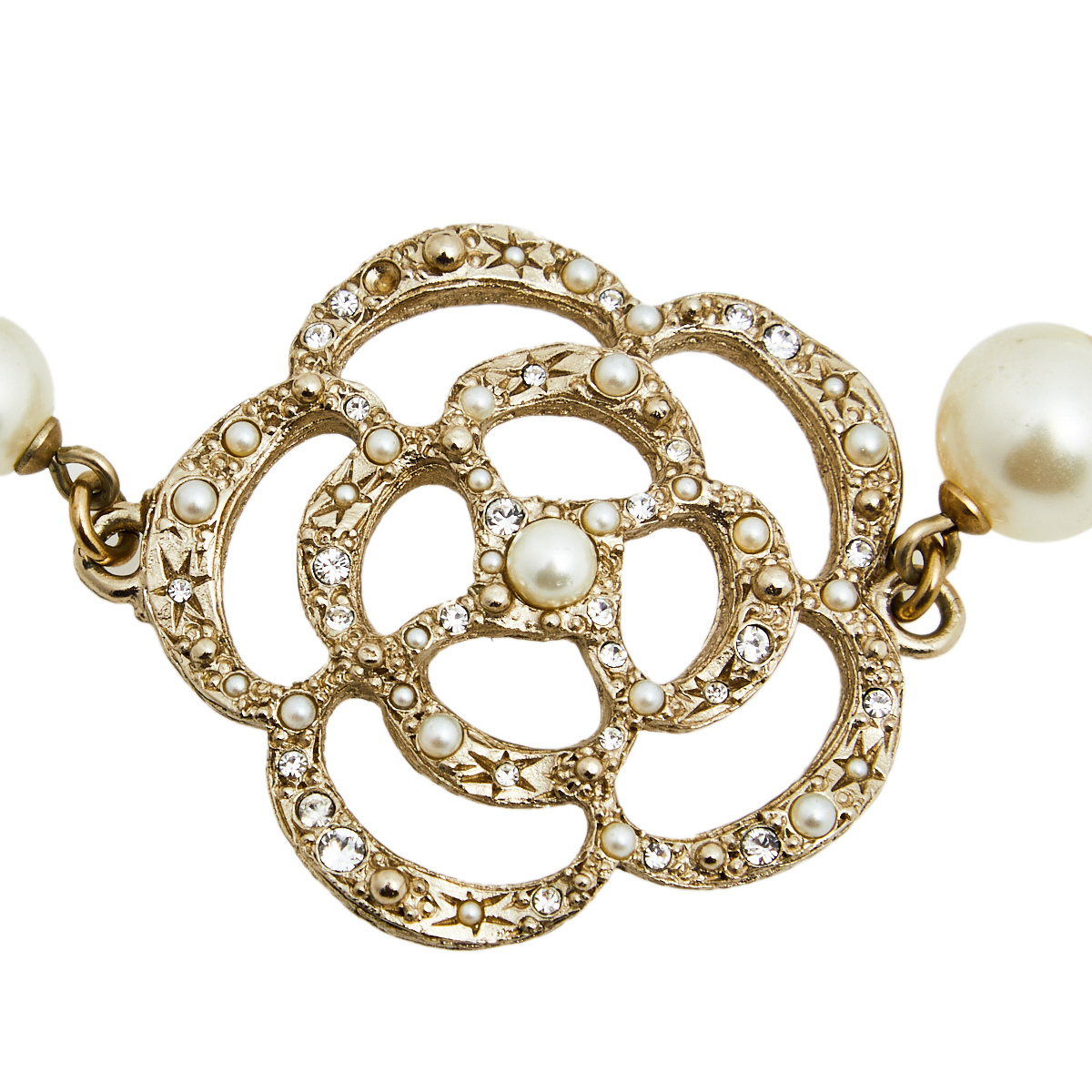 

Chanel Camellia CC Faux Pearls and Crystals Gold Tone Metal Bracelet