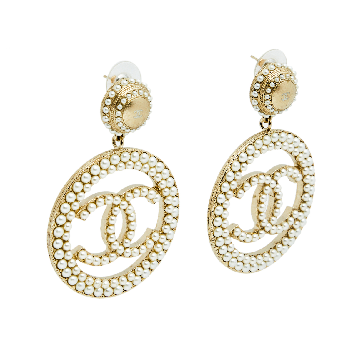

Chanel Light Gold Tone CC Faux Pearl Drop Earrings