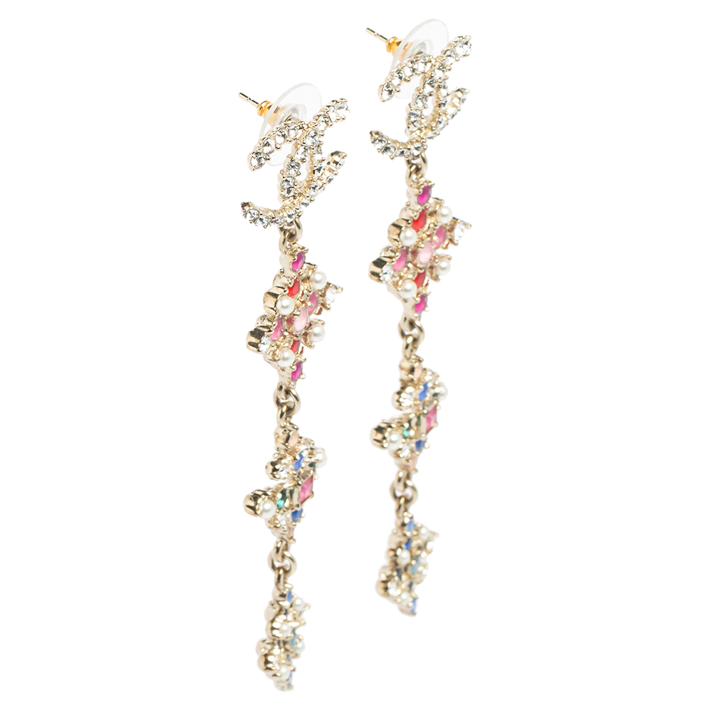 

Chanel Light Gold Tone Multicolor Crystals CC Dangle Earrings
